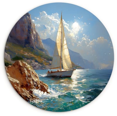 WallCircle® Wandcirkel 120x120 cm - Muurcirkel Zeilschip - Zee - Rotsen - Wolken - Muurdecoratie woonkamer - Wanddecoratie slaapkamer - Kamer decoratie accessoires - Ronde schilderijen XXL