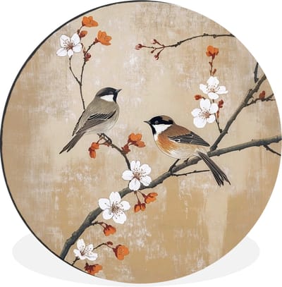 WallCircle - Wandcirkel - Muurcirkel - Vogels - Bloesemtak - Bloemen - Oranje - Aluminium - Dibond - 30x30 cm - Binnen en Buiten
