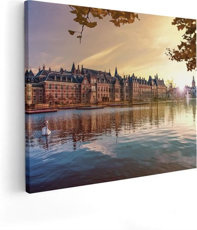 Artaza Canvas Schilderij Zwaan - 50x40 cm - Wanddecoratie Zonsondergang - Muurdecoratie Stad - Kamer Accessoires Skyline