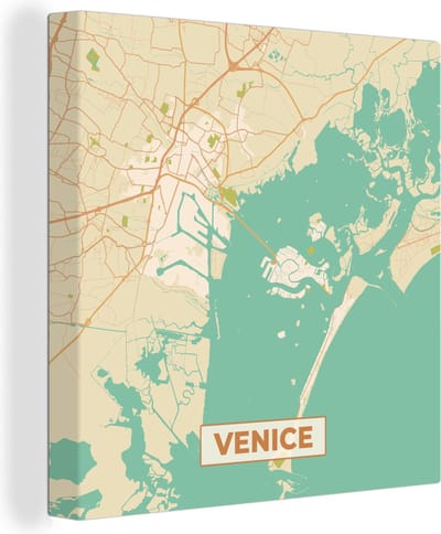 Canvas Schilderij Venetië - Stadskaart - Kaart - Plattegrond - Vintage - 20x20 cm - Wanddecoratie
