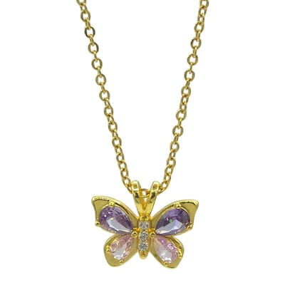 Goldplated ketting voor dames en meisjes met vlinderhanger - Ingelegd met paarse en roze zirkonia stenen - Hypoallergeen verguld staal - 45 cm