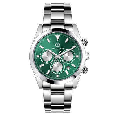 BUGOLINI Clover - 45mm Roest Vrij Stalen Horloge – Chrono - MIYOTA Quartz Uurwerk – Waterdicht – Inkortbare Stalen Band – Groene Wijzerplaat - Zilver