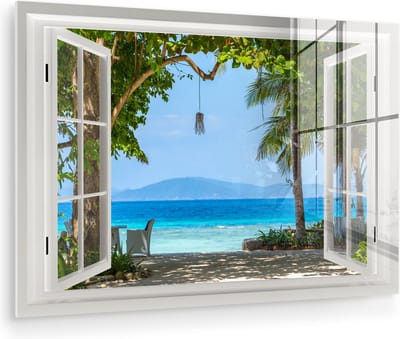 MuchoWow® Glasschilderij 60x40 cm - Schilderij acrylglas - Doorkijk - Boom - Zee - Palmboom - Heuvels - Strand - Blauw - Foto op glas - Muurdecoratie woonkamer - Wanddecoratie slaapkamer - Schilderijen
