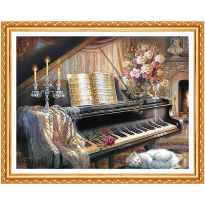 Peinture diamant thème Piano et chat, broderie 5D à faire soi-même, point de croix, strass complets, décoration d'intérieur 20X30CM beige