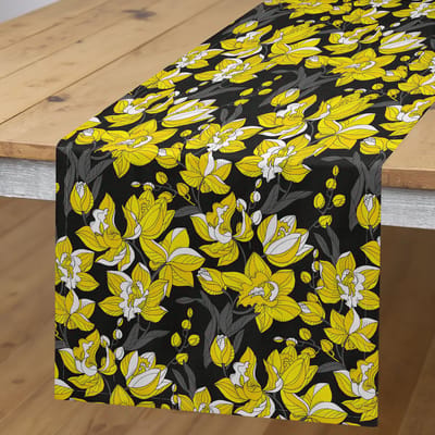 ABAKUHAUS orchidee tafelrunner – exotische bloemen, 40x180 cm – zwart mosterd
