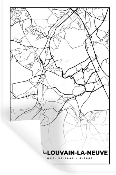 Muurstickers - Sticker Folie - België – Ottignies Louvain la Neuve – Stadskaart – Kaart – Zwart Wit – Plattegrond - 20x30 cm - Plakfolie - Muurstickers Kinderkamer - Zelfklevend Behang - Zelfklevend behangpapier - Stickerfolie