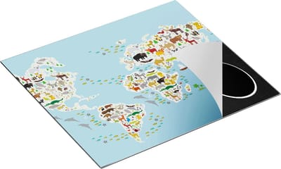Chefcare Inductie Beschermer Wereldkaart met Dieren - 60x50 cm - Afdekplaat Inductie - Kookplaat Beschermer - Inductie Mat