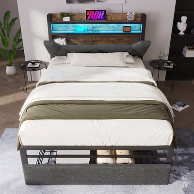 DESMIU Gestoffeerd Bed 90x200cm – Opbergkopstuk Met Oplaadfunctie – Bedframe Met Lades En Ledverlichting – Voor Slaapkamer – Linnenlook – Grijs – Met Matras