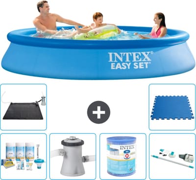 Intex Rond Opblaasbaar Easy Set Zwembad - 305 x 61 cm - Blauw - Inclusief Onderhoudspakket - Zwembadfilterpomp - Filter - Stofzuiger - Solar Mat - Vloertegels - 7-delig