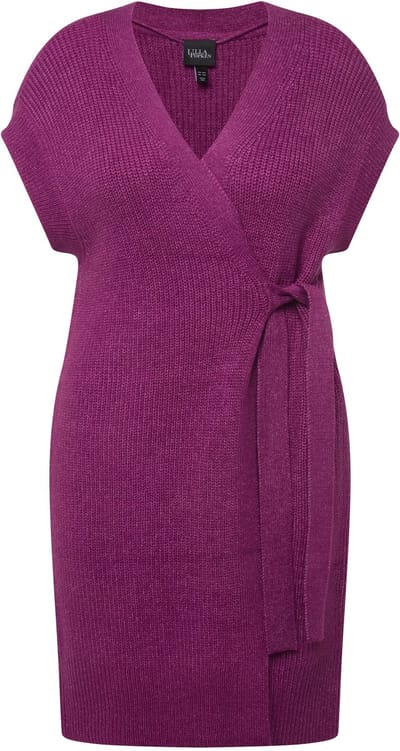 Ulla Popken - Dames - Gebreid vest V-hals ceintuur patentbreiwerk mouwloos - Bes - Maat 46+