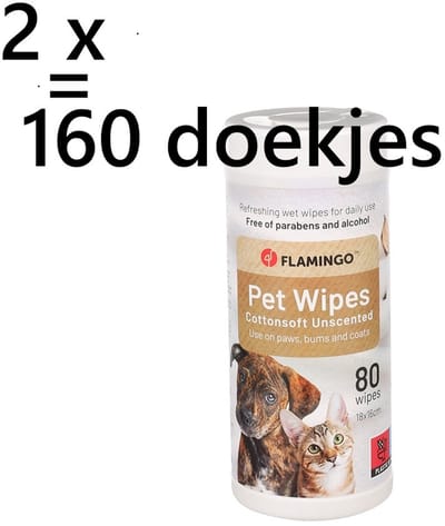 ** 2 X ** flamingo vochtige verzorgingsdoekjes voor honden en katten - poten, vacht en achterwerk - 80 st van 18 x16 cm/ pot = 160 doekjes