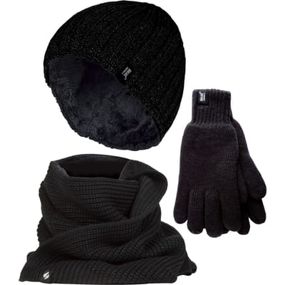 Heren Gehaakte Muts Sjaal Handschoenen Set | Heat Holders | Luxe Zachte Fleece Gevoerde Winterset voor Koud Weer - Zwart