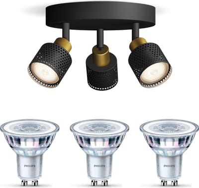 Philips Niall Opbouwspot (Zwart/Goud) - Warmwit Licht - Plafondspot met 3 Lichtpunten - GU10 - Niet Dimbaar