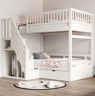 COVREO Stapelbed met opbergladder – 205x95x173 cm – Kinderbed met veiligheidshek – met lattenbodem en bedlade – Wit - zonder matras