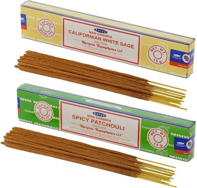 Satya Wierook cadeaus set - 2x geurstokjes - Witte Salie en Patchouli geur - Meditatie