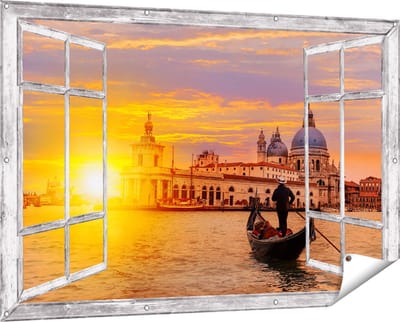 Gards Tuinposter Doorkijk Gondel in Venetië voor het Basiliek - 150x100 cm - Tuindoek - Tuindecoratie - Wanddecoratie buiten - Tuinschilderij