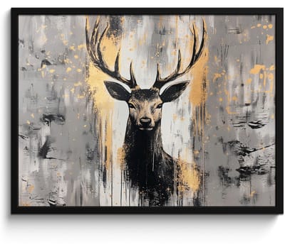 Poster in lijst - Fotolijst 70x50 cm - Posters - Abstract - Hert - Gewei - Goud - Posterlijst zwart - Decoratie - Wanddecoratie woonkamer - Muurdecoratie slaapkamer