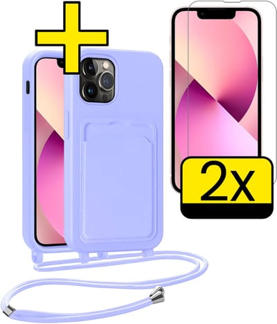 Hoesje Geschikt voor iPhone 13 Pro Telefoonhoesje Met Koord Case Pashouder Met 2x Screenprotector Siliconen - Hoes Geschikt voor iPhone 13 Pro Hoesje Met Kaarthouder - Lila