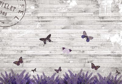Fotobehang Butterflies Lavender Flowers Vintage | XL - 208cm x 146cm | 130g/m2 Vlies