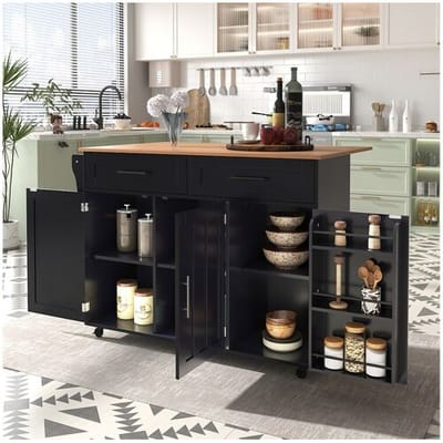 Merax Mobiel kookeiland met 3 deuren en 2 laden - Uitschuifbaar blad - 129x46(71)x91,5cm - Massief hout + MDF - Zwart en naturel