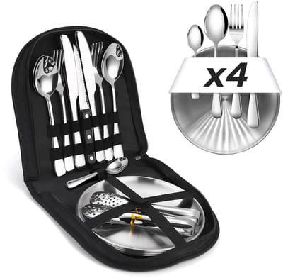 Unyqoos ® Uitgebreide 23-delige Camping Serviesset voor 4 Personen - Inclusief Roestvrijstalen Bestek en Draagbare Bestektas voor Outdooractiviteiten