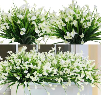 Famanu – Kunstbloemen Outdoor 8 Faux Buxus Heesters met Calla Lelie UV - bestendige Kunstplanten voor Opknoping Planter Tuin Veranda Venster Patio Boerderij Opknoping Decoratie