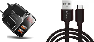 DrPhone PS-Y - Snellader Set – USB-C Kabel 2M + 18W Quick Charge 3.0 Adapter – Dubbele USB Lader met Digitaal Display – Zwart