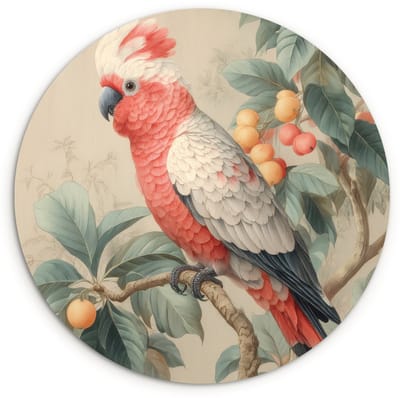 WallCircle® Wandcirkel 120x120 cm - Muurcirkel Roze kuifkaketoe - Tak met vruchten - Bladeren - Muurdecoratie woonkamer - Wanddecoratie slaapkamer - Kamer decoratie accessoires - Ronde schilderijen XXL