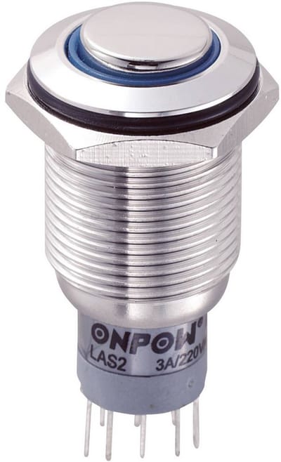 TRU COMPONENTS 701808 LAS2GQH-22E/B/12V/S/P Vandalismebestendige druktoets 250 V/AC 3 A 2x aan/(aan) Moment Blauw IP65 1 stuk(s)