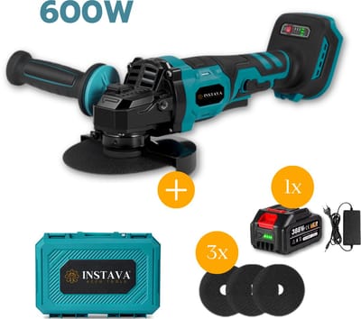 Instava Haakse Slijper 600W + 1x Accu(4.0Ah) - Ø125MM - Geschikt Voor Makita 18v Accu - Incl. 3x Slijpschijven + Stevige opbergkoffer