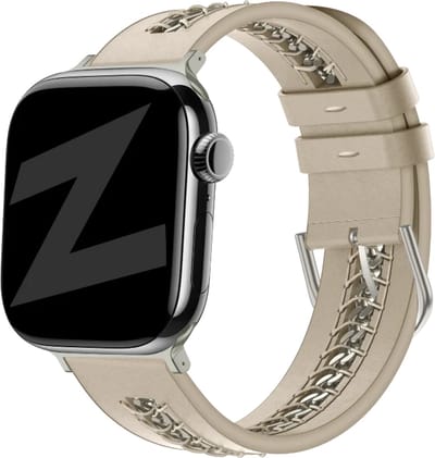 Bandz Leren 'Chains' bandje geschikt voor geschikt voor Apple Watch 1/2/3/4/5/6/7/8/9/10/11/SE/SE2/SE3 - Maat: 38/40/41/42mm - Beige