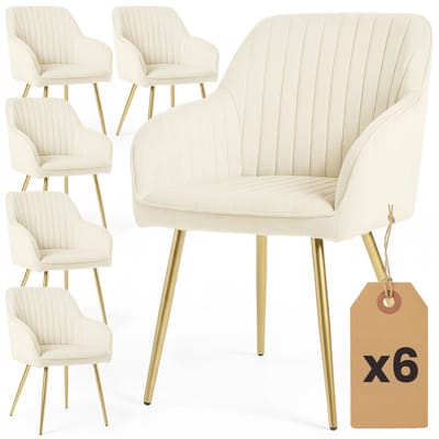Set van 6 Eetkamerstoelen FLORENCE met Armleuningen / Gestoffeerde Stoelen / Fluwelen Stoelen en Metalen Poten / Crème kleur met gouden benen