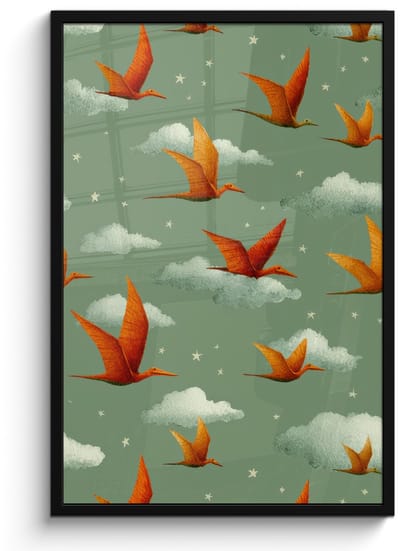 Poster in lijst - Fotolijst 60x90 cm - Posters - Dinosaurussen - Wolken - Sterren - Oranje - Posterlijst zwart - Decoratie - Wanddecoratie woonkamer - Muurdecoratie slaapkamer
