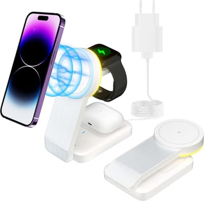 3-in-1 opvouwbare MagSafe draadloze oplader, magnetisch oplaadstation, compatibel met iPhone 12/13/14/15/16, AirPods 2/3/4/Pro, Apple Watch - Wit
