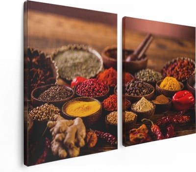 Artaza Canvas Schilderij Tweeluik Diverse Kleurrijke Kruiden Op Tafel - 120x80 - Foto Op Canvas - Canvas Print