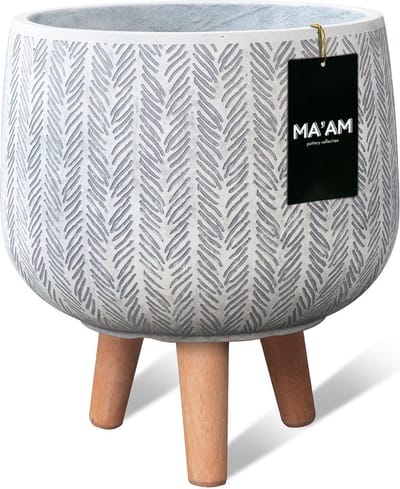 MAAM Pottery Ivy bloempot op poten - D23xH28 - Wit - houten pootjes (FSC) - duurzame kwaliteit - visgraat design