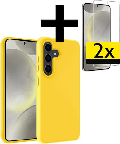 Hoesje - Met 2x Screenprotector - Geschikt voor Samsung Galaxy S24 - Sterk & Shockproof - Back Cover - Siliconen Case - Telefoon Hoes - Telefoonhoesjes - Geel