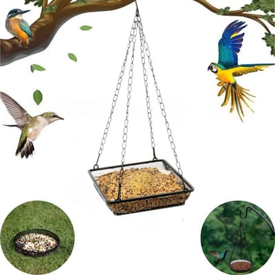 Hangende voederbak voor buiten – Metalen vogelvoederbak voor buiten – Voederbak voor wilde vogels – Voor tuin of balkon – Vogelvoederbak – Afneembare balkonvoederbak – 17 x 17 cm