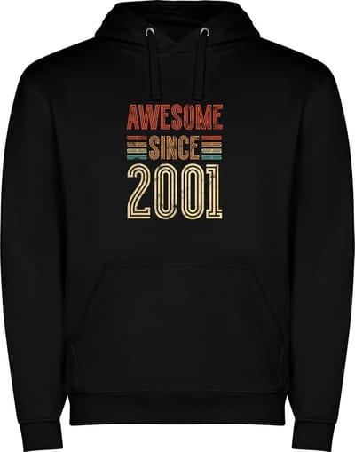 Zwarte unisex hoodie met “ Kleurrijke Awesome Since 2001 – Vintage stijl – Leeftijd – Verjaardag “ Print Full Color Color merk Roly maat S