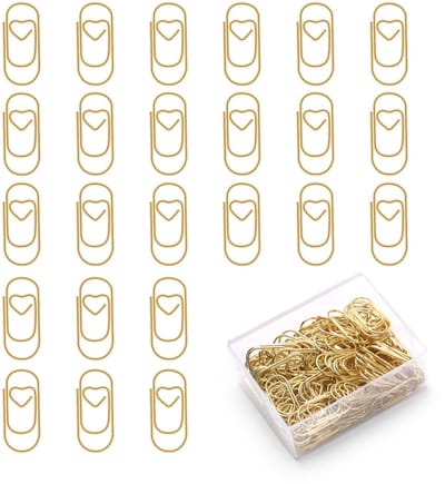 Set paperclips - 130 stuks, hartvormig ontwerp, goudkleurig, met transparante doos voor paperclips, voor op kantoor of in de klas.