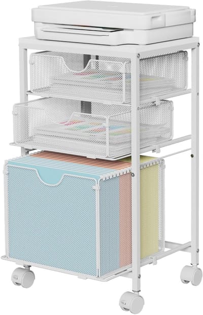 Mobiele Opbergwagen voor Onder Bureau, Houten en Gaas Bestandskast met 3 Lades voor A4 en Hangmappen, Ideaal voor Printers en Kantoorbenodigdheden, 37,5 cm L x 30 cm D x 64,5 cm H, Wit