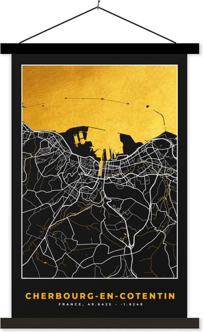Posterhanger incl. Poster 40x60 cm - Schoolplaat - Kaart – Stadskaart – Cherbourg-en-Cotentin - Plattegrond – Frankrijk - Textielposter - Zwarte latten - Stadskaart