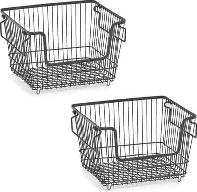 Zeller opberg draadmandje - 2x - zwart - stapelbaar - 33 x 27 x 21 cm - metaal - kastmanden