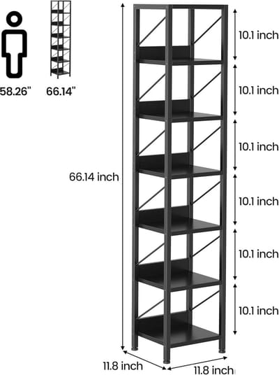 Smalle boekenplank met 6 planken–Rustieke hoekplank met metalen frame–Kleine vrijstaande boekenplank-Industriële displaystandaard voor slaapkamer- woonkamer- thuiskantoor- zwart