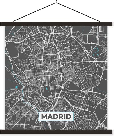 Posterhanger incl. Poster 60x60 cm - Schoolplaat - Madrid - Blauw - Kaart - Plattegrond - Stadskaart - Textielposter - Zwarte latten - Stadskaart