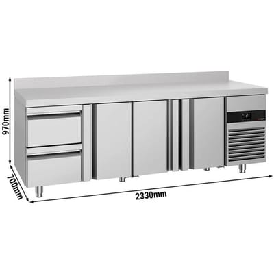 GGM Gastro Kühltisch PREMIUM - 2330x700mm - mit 3 Türen - 2 Schubladen - mit Aufkantung
