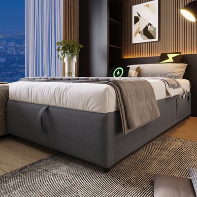 SINGULARITY-Gestoffeerd eenpersoonsbed 90x190 cm- gestoffeerd bedframe met USB-C en lattenbodem over het gehele oppervlak- zonder hoofdbord- katoen- grijs- zonder matras