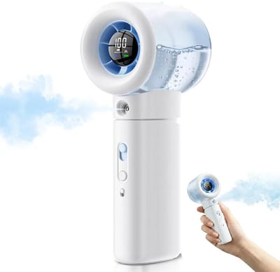 Handventilator met vernevelingsfunctie en 100 snelheidsstanden, draagbare mini-vernevelingsventilator, LED-display, krachtige turbofunctie, geschikt voor reizen en buitenactiviteiten.