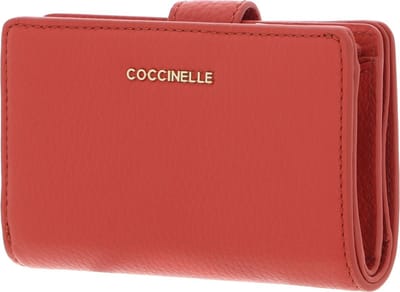 COCCINELLE Leren Portemonnee Metallic Soft Mini Wallet Grained Leather Grenadine Red Lichtrood