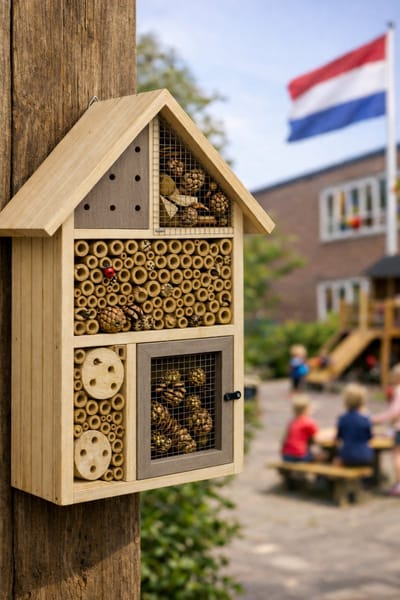 HEM Interactief Insectenhotel Hout 37 cm Grijs – Educatief voor Kinderen – Met Deurtje – Bijenhotel & Insectenhuis – Tuin & Balkon – Ophangbaar – Inclusief HEM Microvezeldoekje
